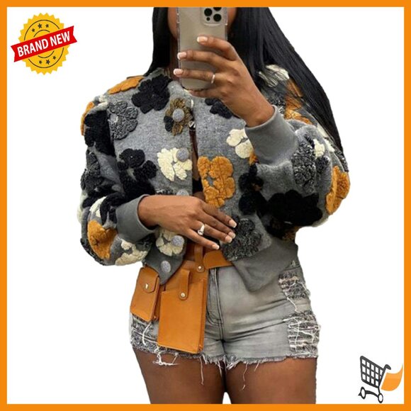 Jackets & Blazers - Cropped Floral Shacket Bomber Jacket Women's Long Sleeve